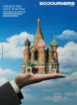 The image shows the cover of the June 2024 issue of Sojourners magazine, which shows a hand holding St. Basil the Blessed church in Russia 