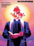 The image shows the cover of Sojourners' May 2024 issue, which depicts a priest with mushrooms growing out of their head 
