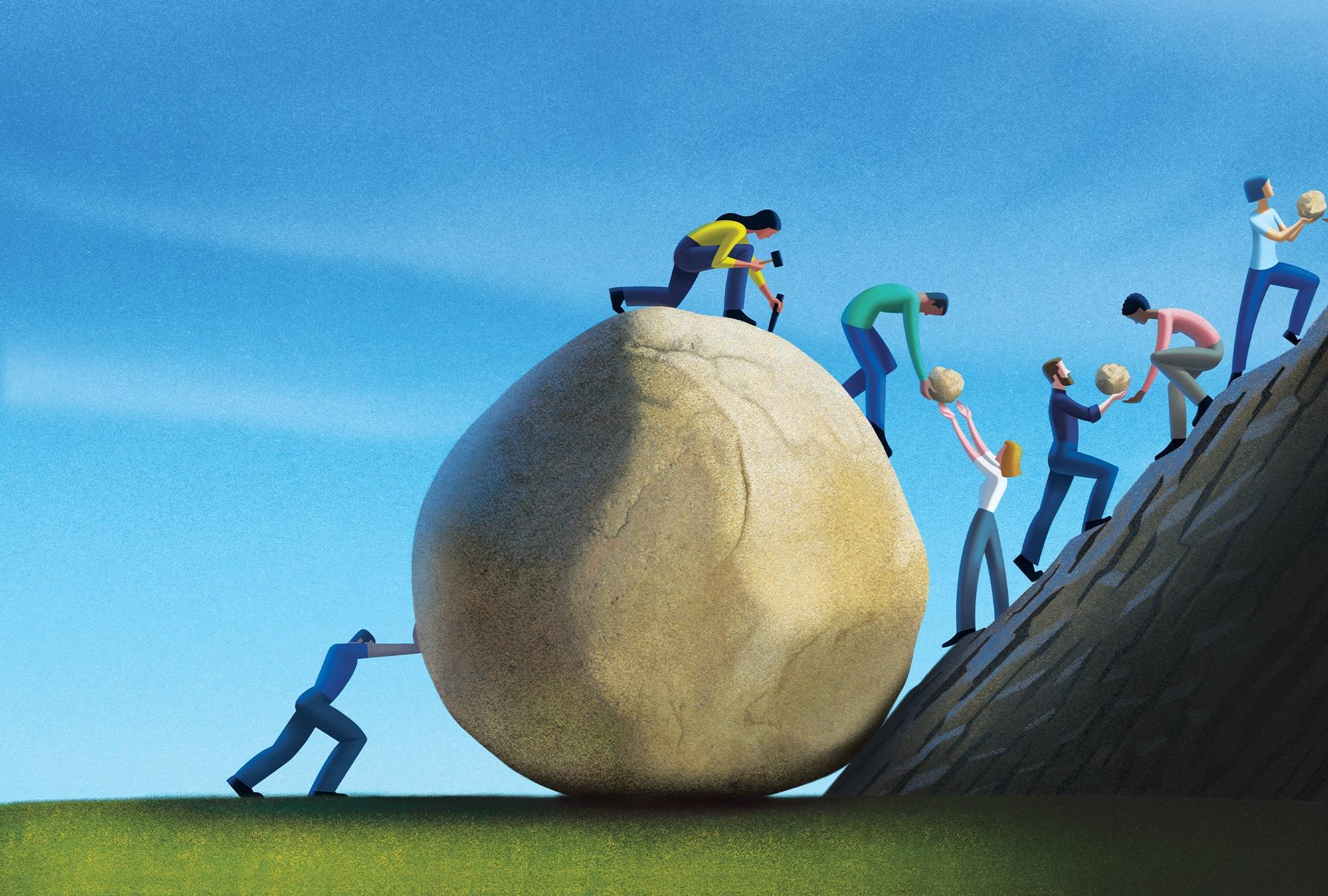Humans working together to take apart a giant boulder into pieces to carry it up a mountain.