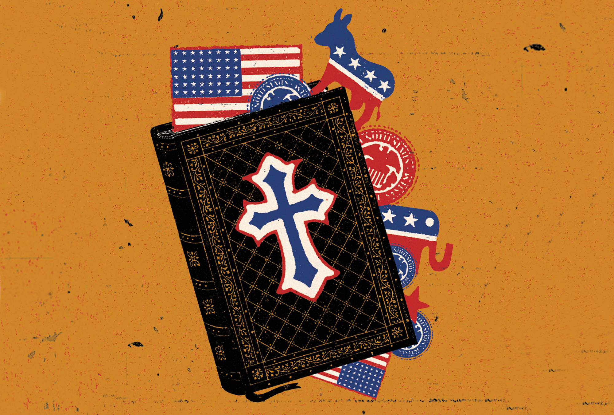 The illustration shows a Bible with lots of American political symbols bursting out of it: A flag, a donkey, an elephant, etc. 