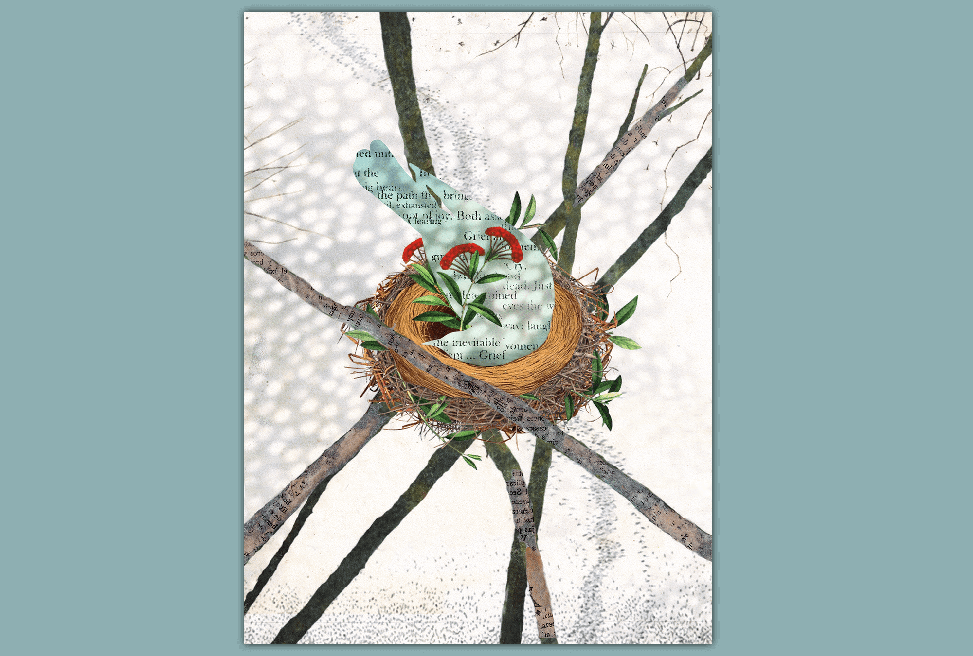 Illustration of a bird resting in a nest.