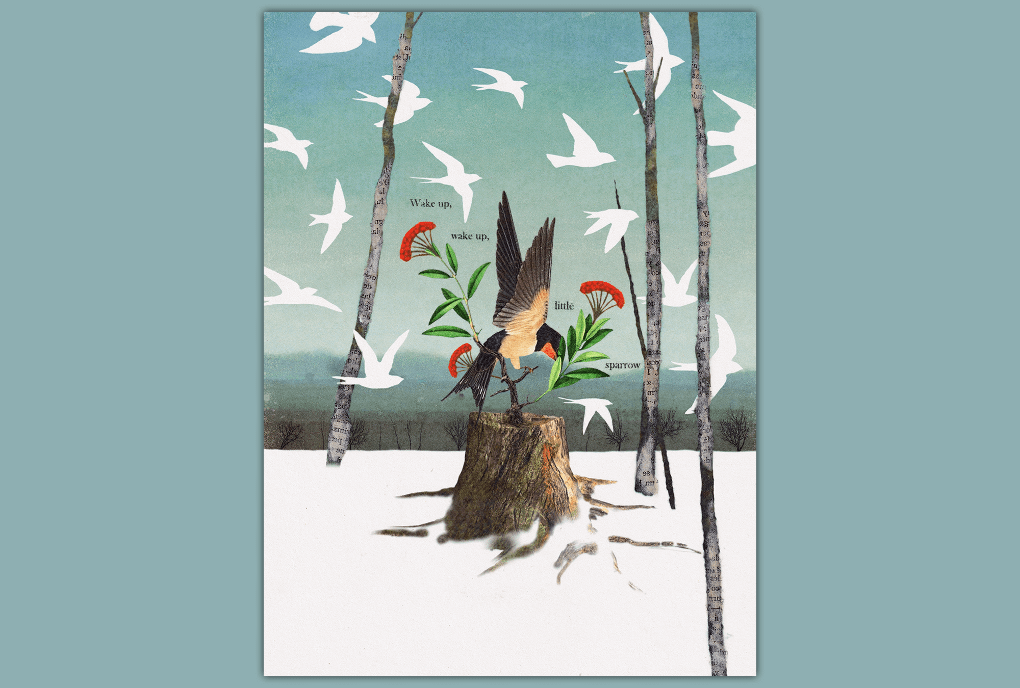 Illustration of birds flying through a winter forest.