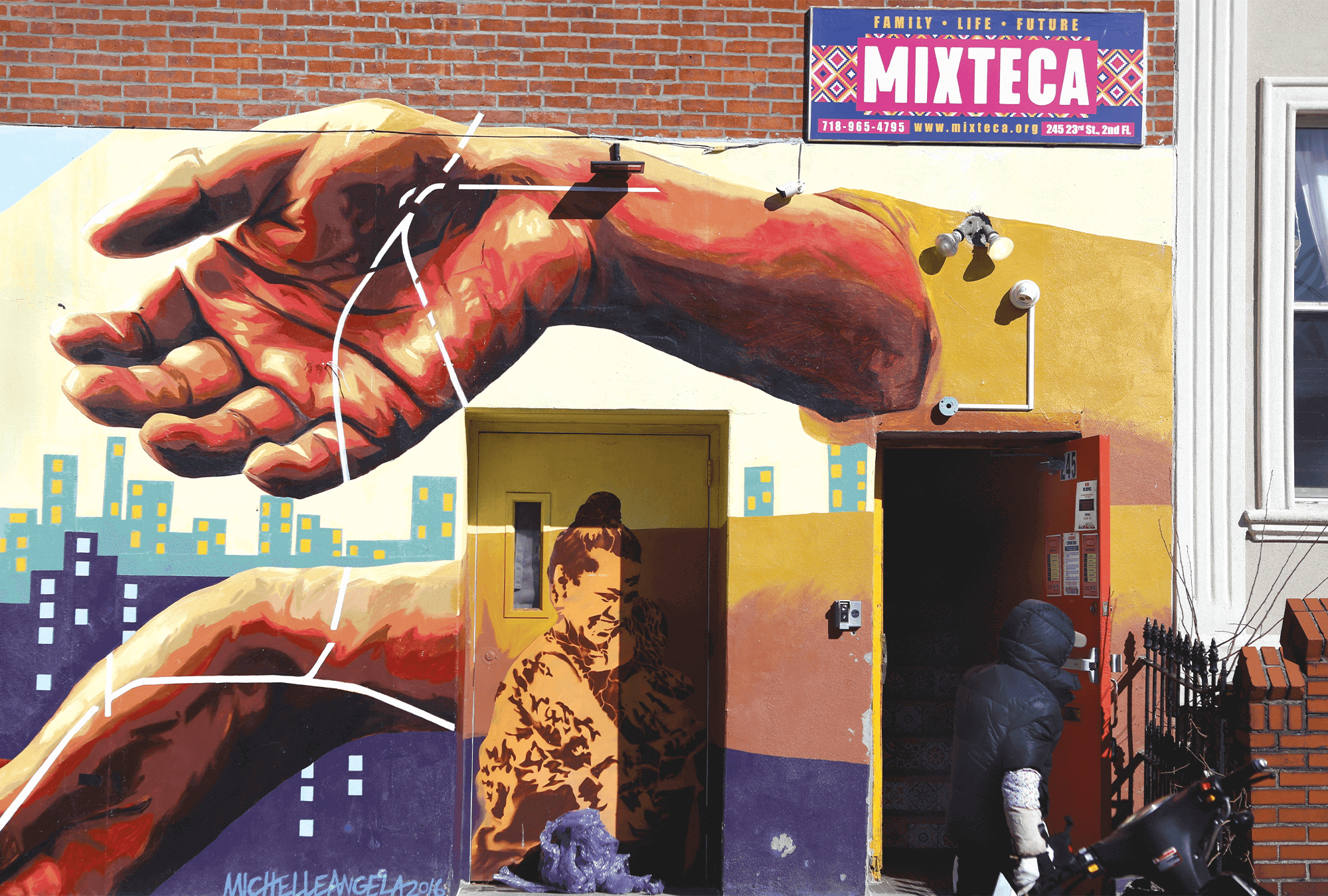 A mural by Michelle Angela Ortiz on the wall of the Mixteca Organization, founded in 2000 in Brooklyn, N.Y., by and for immigrant families.