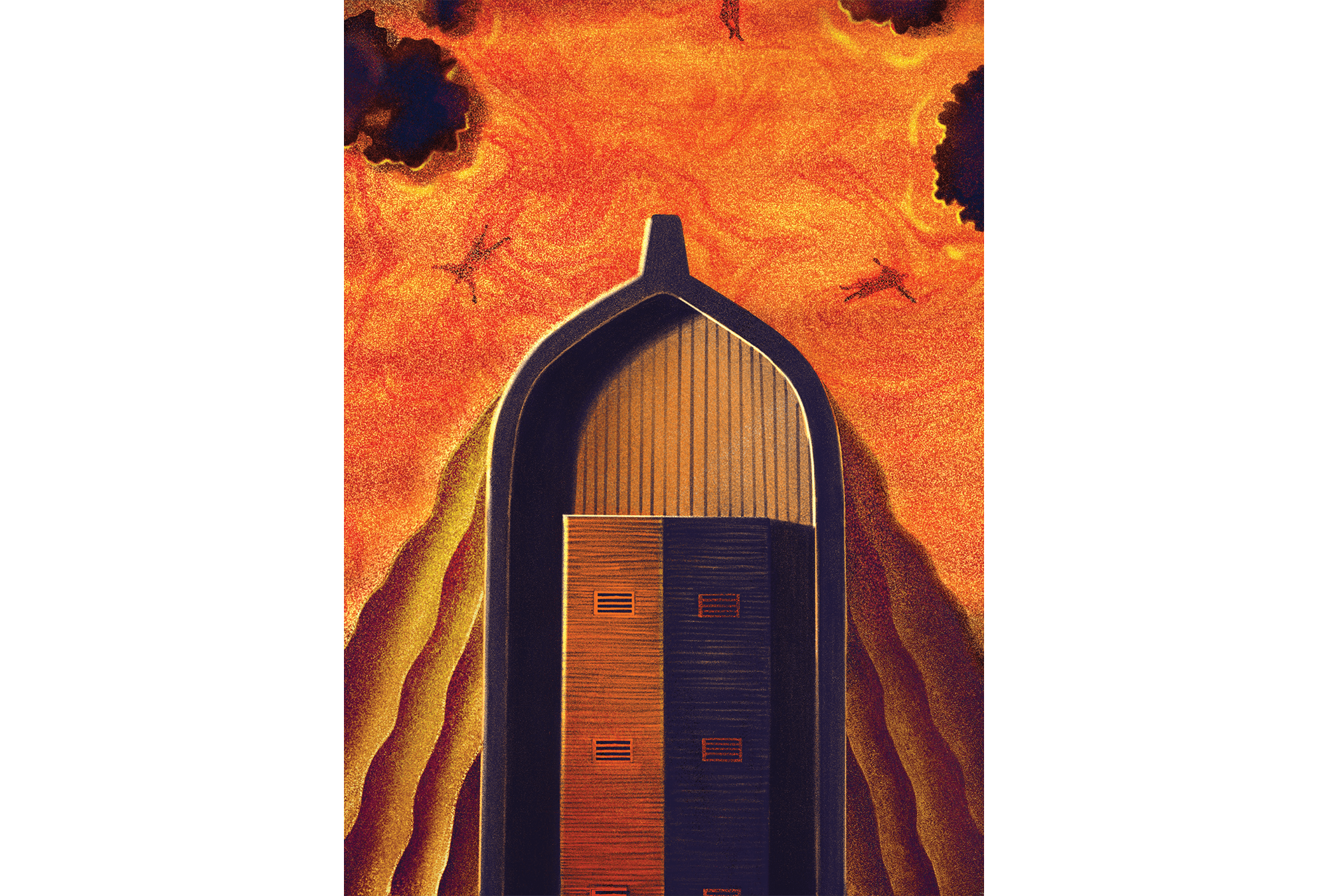 Illustration by Matt Williams Illustration of a boat moving through orange-gold waters with bodies floating in them