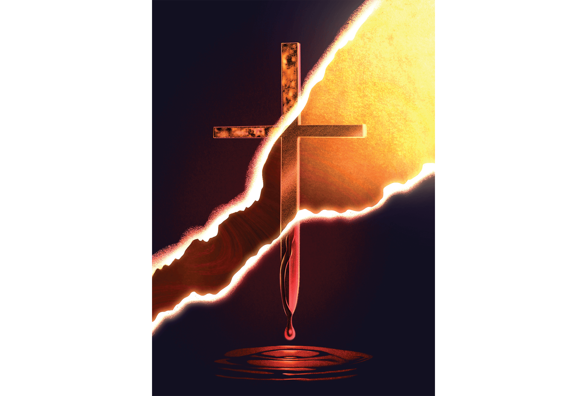Illustration by Matt Williams Illustration of a cross with a sword blade dripping blood illuminated by through a tear in a dark curtain