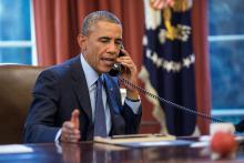 President Obama talks on the phone with Dr. Tom Frieden, director of the CDC. Official White House photo via Pete Souza/RNS.