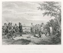 Engraving made in 1847 after Captain Seth Eastman meeting Massasoit, chief of the Wampanoag. Photo by SSPL/Getty Images Photo by SSPL/Getty Images