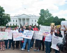 Groups rally outside the White House, celebrating Obama's decision. James Colten / Sojourners James Colten / Sojourners