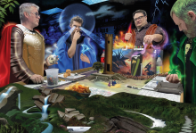 The image shows a group of people playing a game of dungeons and dragons, and half of the image is animated to show an alternative world. 