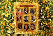 An illustration of a gold picture frame laying atop a field of flowers. The frame contains individual photos of the Mother Emanuel Nine.