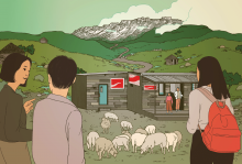 The illustration shows three people approaching a small store at the foot of a mountain, with sheep grazing in front. 