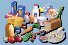 Illustration of groceries, including produce, bread, and dairy products