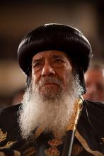 Pope Shenouda III, the Coptic Christian pontiff, listens to President Obama deliver a speech in Cairo, Egypt in 2009. Pope Shenouda III, the Coptic Christian pontiff, listens to President Obama deli