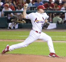 Pitcher Todd Wellemeyer pitches from the mound at Busch Stadium in 2009. Photo courtesy RNS/ Shane Epping. Photo courtesy RNS/ Shane Epping.