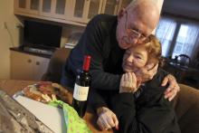 Joe Barbella, 93, and Marsha Kreuzman, 90, embrace. Photo by Saed Hindash/The Star-Ledger. Via RNS.