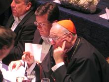 New York Cardinal Timothy Dolan (right) and Comedy Central’s Stephen Colbert. RNS photo by David Gibson.