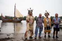 Native leaders stand together at the Hudson river’s edge on Sunday to deliver the Thanksgiving blessing. Photo courtesy RNS. Native leaders stand together at the Hudson river’s edge on Sunday to deliver th