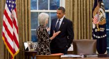 President Barack Obama talks with HHS Secretary Kathleen Sebelius. RNS photo courtesy Pete Souza / The White House RNS photo courtesy Pete Souza / The White House