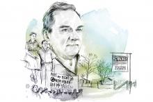 An illustrated headshot of Clarence Jordan with another illustration of him posing with his wife. A protest banner is being lifted up by a group of people next to a sign that says, "Koinonia Farm."