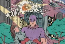 A comic book illustration of a male superhero in purple tights, a purple cowl, and red gloves. He's holding a woman in his arms in a city park as a police helicopter circles a tower in the background, where an explosion occurs on an upper floor.