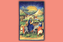 Portrayal of the virgin Mary carrying baby Christ in her arms on the back of a donkey.