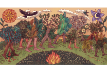 A surrealistic illustration of plants with human legs, dancing in a circle around a fire, birds and flowers above them.