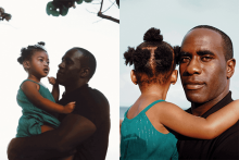 Two photos of Charles Rodgers lovingly holding his young daughter Mia