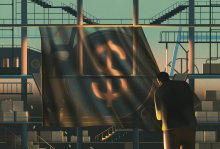 Illustration of an industrial plant with a shadowy figure raising a flag with a money symbol