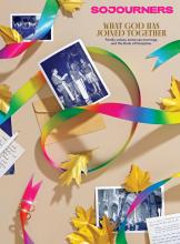 The April cover of Sojourners looks like a scrapbook page with photos from a same-sex marriage, a rainbow ribbon and gold leaves.