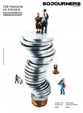 The cover for Sojourners' August 2023 issue, called "The Paradox of Poverty." Small figurines of a white couple in fancy garbs stand on top of a tall stack of silver and gold coins. There are other figurines below working by carrying around dollar bills.