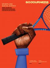 The image shows the cover of the February/March2024 issue of Sojourners, which is red with a cubism Black hand wearing a blue shirt holding a tennis racket. 