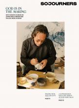The cover of the February 2021 issue features a photo of artist Makoto Fujimura painting a cup.