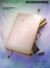 The cover for the January 2023 issue of Sojourners features a white Bible with gold leaf pages. A gold-plated pistol sits under the book board with some bullets around it.