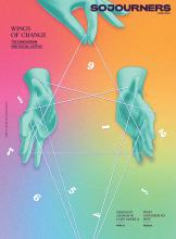 The cover image for the May 2023 issue of Sojourners, featuring an illustration of blue disembodied hands pulling white strings in various directions in the shape of the Enneagram symbol. The background is a mixture of bright colors of the rainbow.