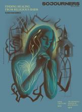 The cover for Sojourners' September/October 2023 issue, featuring a blue illustration of a woman praying. You can see tendrils of her nervous system glowing through her skin. She's surrounded by black bramble, stained glass windows, and a church building.