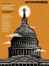 The image is of the cover of Sojourners Magazine, it is a yellow-orange background with a black and white illustration of the captiol building, with a cross on the top.