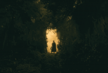 A robed figure stairs through a bright opening in the trees of a dark forest