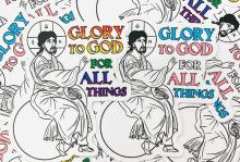 An illustration of Jesus sitting on a globus cruciger as he raises his hand to text that reads, "Glory to God for all things." One version depicts the text in the colors of the LGBT Pride flag and the other the colors of the transgender flag.