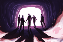 Illustration of a family holding hands, walking out of a cave.