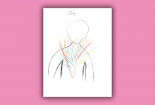 Colorful scribbles bursting out of a drawn heart within a human frame.