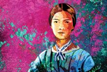 An illustration of Emily Dickinson: a white woman with brown hair in a blue dress and blue and white short neckscarf. Pink, turquoise, and teal paint is splattered across the background.
