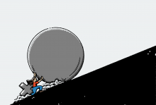 An illustration of a woman pushing a giant boulder up a hill.