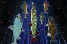 A cropped image of an illustration of fish swimming upward to a hole in a frozen lake that rests below a starry night.