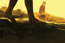 An illustration of a woman in the background of a desert trail looking at an unseen figure in the foreground; only the silhouetted bare feet of the foreground figure are shown.
