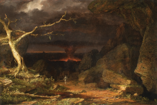 Painting by Frederic Edwin Church with (left to right) a twisted tree, a red earth path, and rocks in the foreground. Storm clouds gather in the background, with lava and dark ground below them.