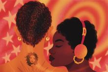 An illustration of a black woman with headphones on is closing her eyes with the side of her face to the viewer. Another woman has her back turned with a tattoo of Lauryn Hill on her neck.