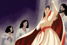 The illustration shows Mary illuminated by a ray of light wearing a white robe and cape with a red ribbon. She is holding one hand to her heart and the other is raised in a nonviolent protest. Behind her are three unnamed figures in white robes. 