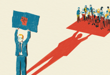 The illustration shows a man in a suit holding up a blue poster with a solidarity fist. In the shadow of the poster is a group of people. 