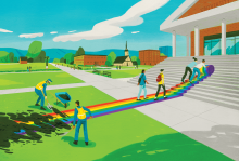 Illustration of a group of people rolling rainbow-colored carpet up the steps to a university building