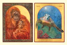 Icons of an Sumatran orangutan mother and child and a loggerhead sea turtle